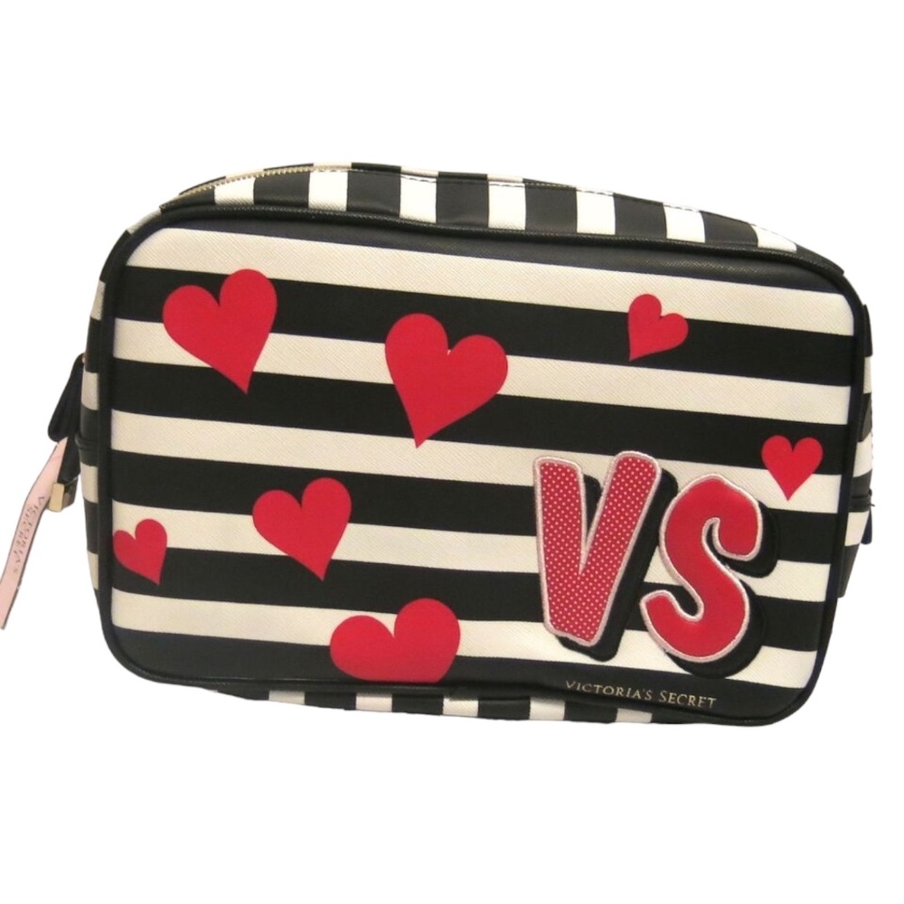 Victoria's Secret BEAUTY Black & White Stripes w/ Heart Cosmetic Makeup Bag